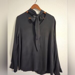 Falls Creek Womens Black Tie Neck Blouse Long Sleeve Rayon Trendy Size Large